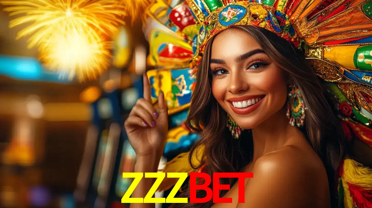 Mulher sorridente com um cocar de carnaval vibrante e colorido, celebrando uma grande vitória nos jogos do cassino ZZZBET com fogos de artifício ao fundo.