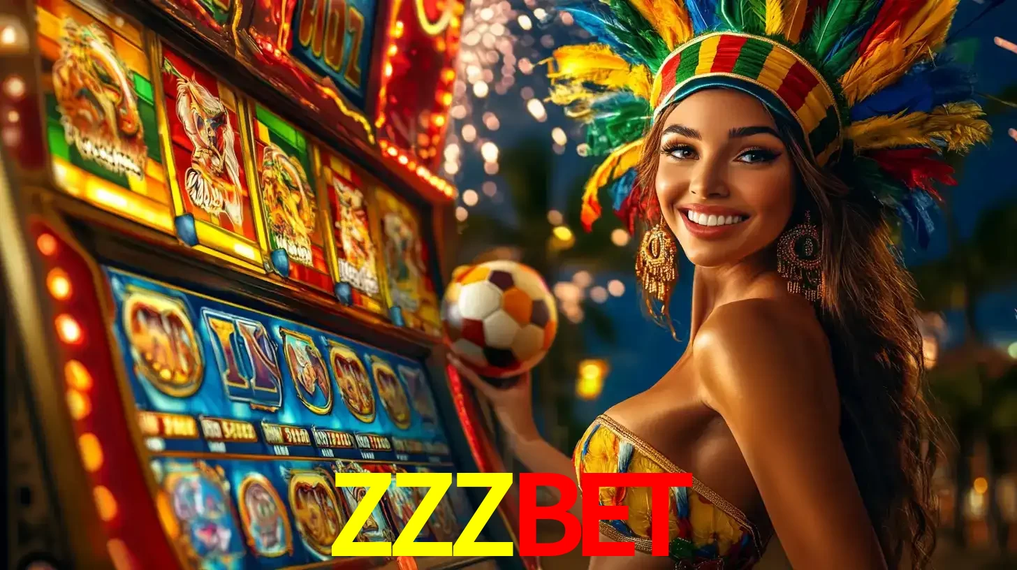 Mulher com um cocar de carnaval ao lado de uma máquina de caça-níqueis enquanto segura uma bola de futebol, mostrando a união da diversão de cassino e esportes no ZZZBET.