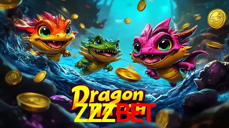 Arte promocional do jogo Dragon Hatch com três adoráveis dragões bebês nadando entre moedas de ouro, um dos slots mais divertidos para jogar no cassino ZZZBET.