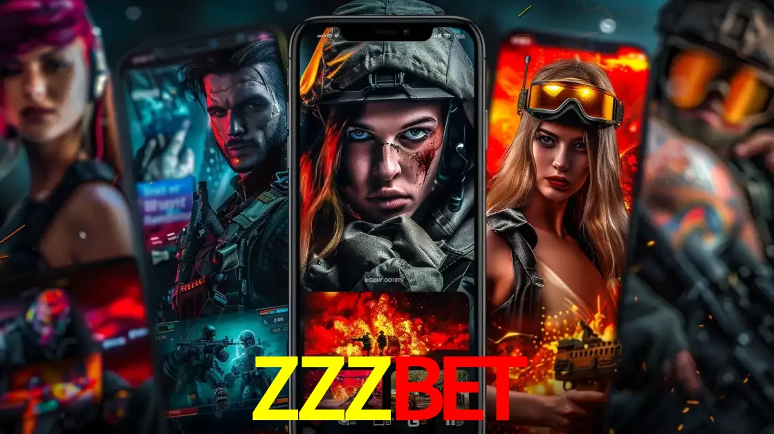 Montagem de telas de celular mostrando diversos personagens, masculinos e femininos, de um jogo de tiro, ilustrando a diversidade de equipes de e-sports para apostar no ZZZBET.