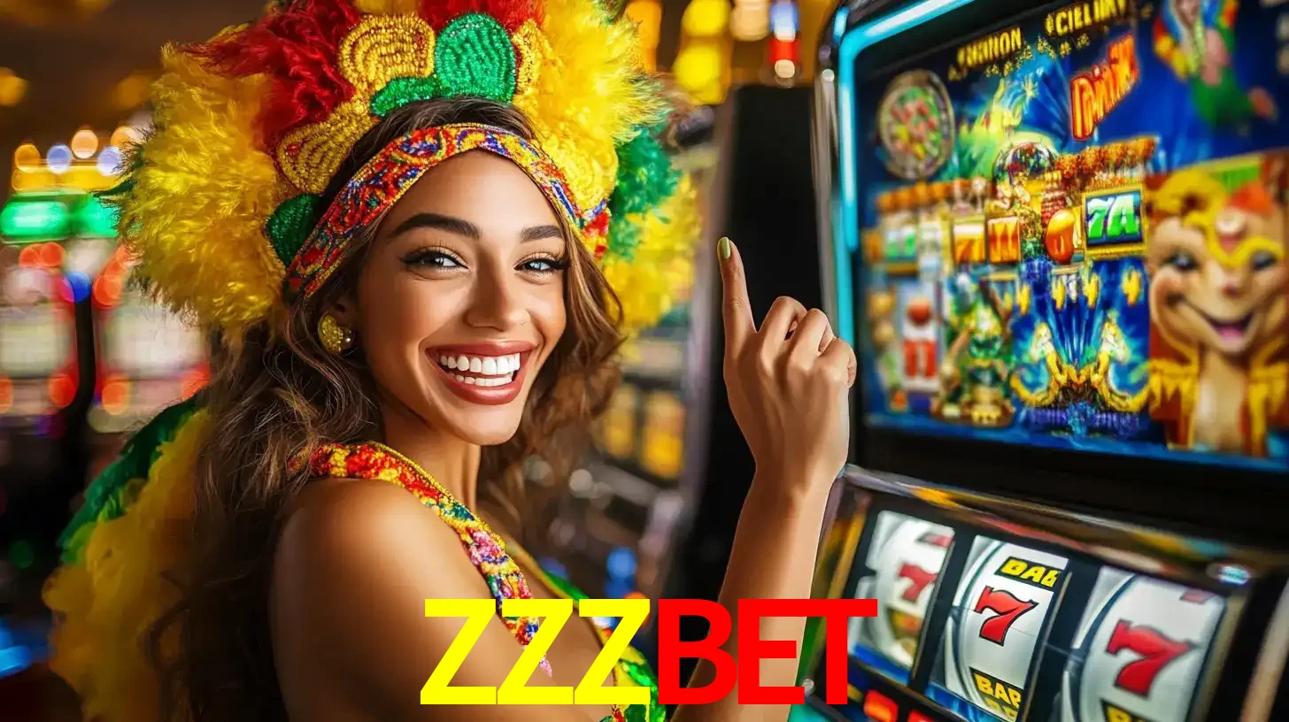 Mulher animada com um cocar de carnaval apontando para uma máquina de caça-níqueis, mostrando a emoção de ganhar um grande prêmio nos jogos do ZZZBET.