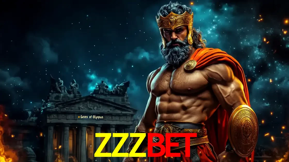 O poderoso Zeus do jogo de slot Gates of Olympus em frente ao seu templo, pronto para lançar multiplicadores divinos e prêmios épicos no cassino online ZZZBET.