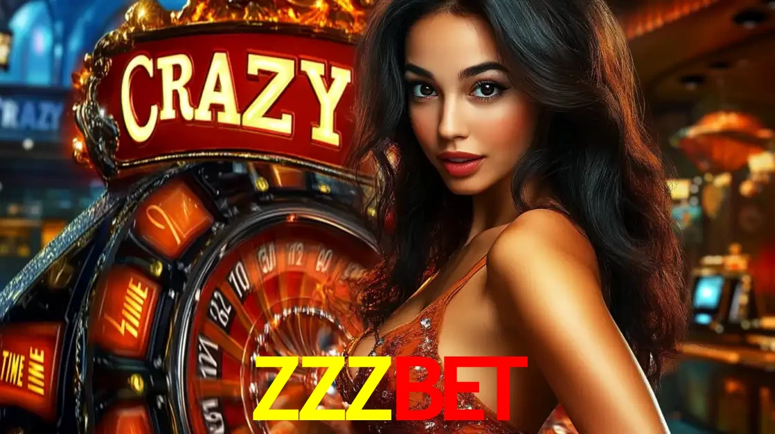 Mulher glamourosa olhando para a câmera com a roda vermelha do Crazy Time ao fundo em um ambiente de cassino, destacando a emoção dos jogos ao vivo no ZZZBET.