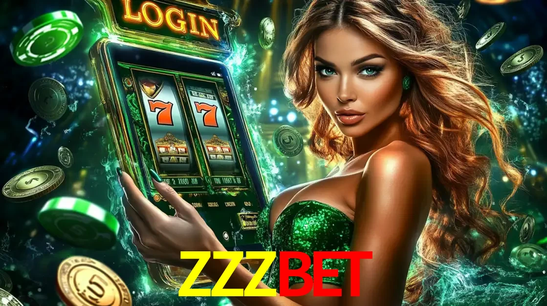 Mulher com tema verde apresentando o aplicativo do cassino ZZZBET com um jogo de slot de 777, cercada por fichas de cassino e uma aura de sorte.