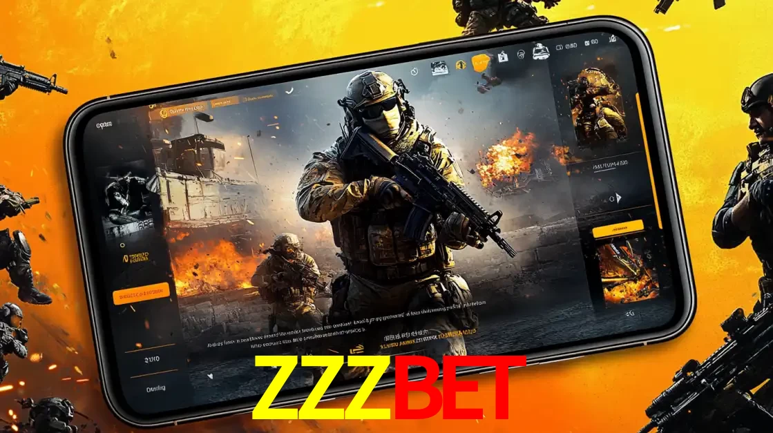 Um smartphone exibindo a interface de um jogo de tiro em primeira pessoa, com um soldado em um cenário de batalha, representando a ação dos e-sports para apostar no ZZZBET.