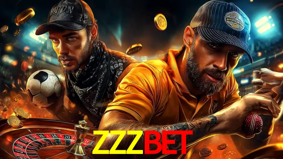 Montagem de apostas esportivas e cassino no ZZZBET, com um homem segurando uma bola de futebol e outro uma de beisebol sobre uma roleta e moedas voadoras.