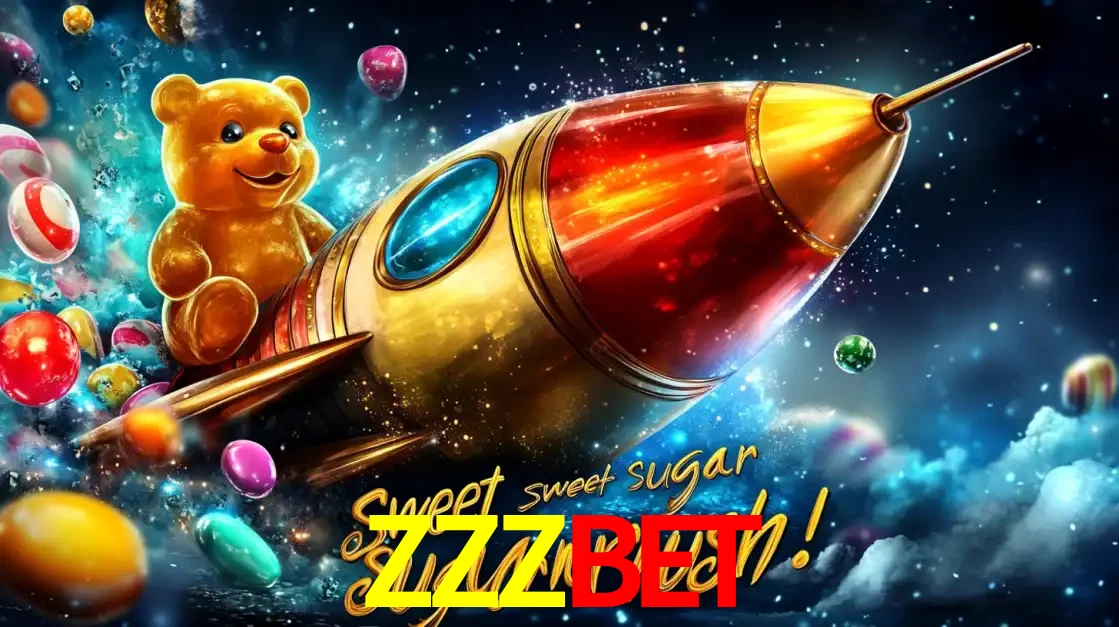 Arte promocional do jogo de slot Sugar Rush, com um urso de pelúcia em um foguete viajando pelo espaço de doces, um dos jogos divertidos disponíveis no cassino ZZZBET.