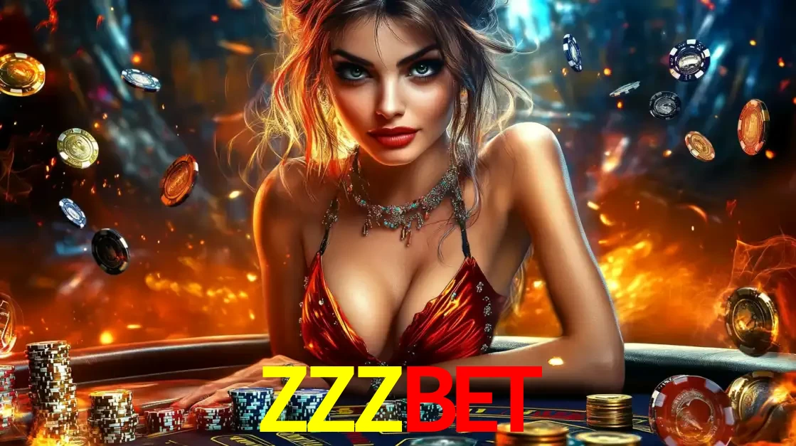 Mulher em uma mesa de cassino com pilhas de fichas e um fundo de fogo, pronta para uma rodada de altas apostas nos jogos de mesa emocionantes do cassino ZZZBET.