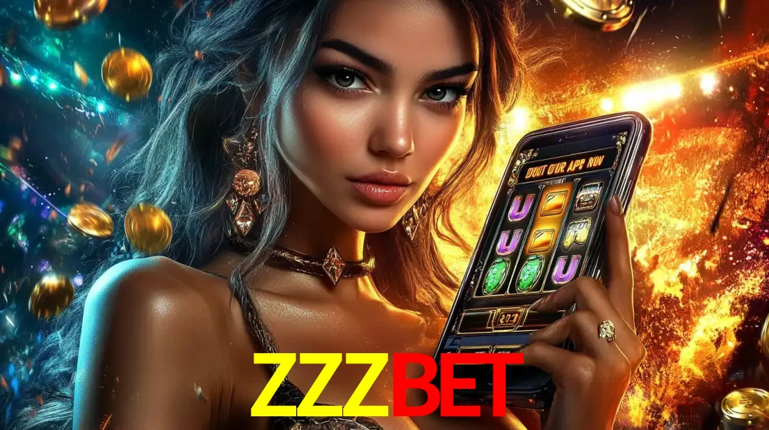 Mulher elegante mostrando um jogo de caça-níqueis em seu smartphone, destacando a experiência de cassino móvel oferecida pelo aplicativo ZZZBET.