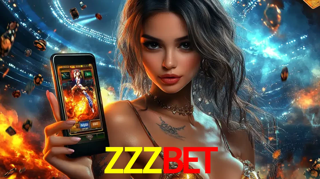 Mulher segurando um celular com um jogo de slot em destaque, tendo como fundo um estádio vibrante, simbolizando a emoção de jogar no cassino móvel ZZZBET.