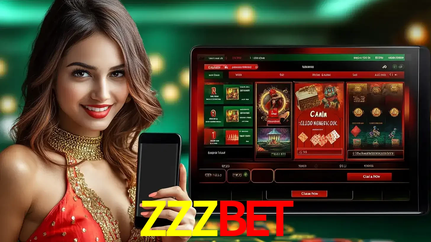 Mulher sorridente segurando um smartphone, ao lado de uma tela exibindo o lobby de jogos do cassino online ZZZBET, com várias opções de jogos de cartas e slots.